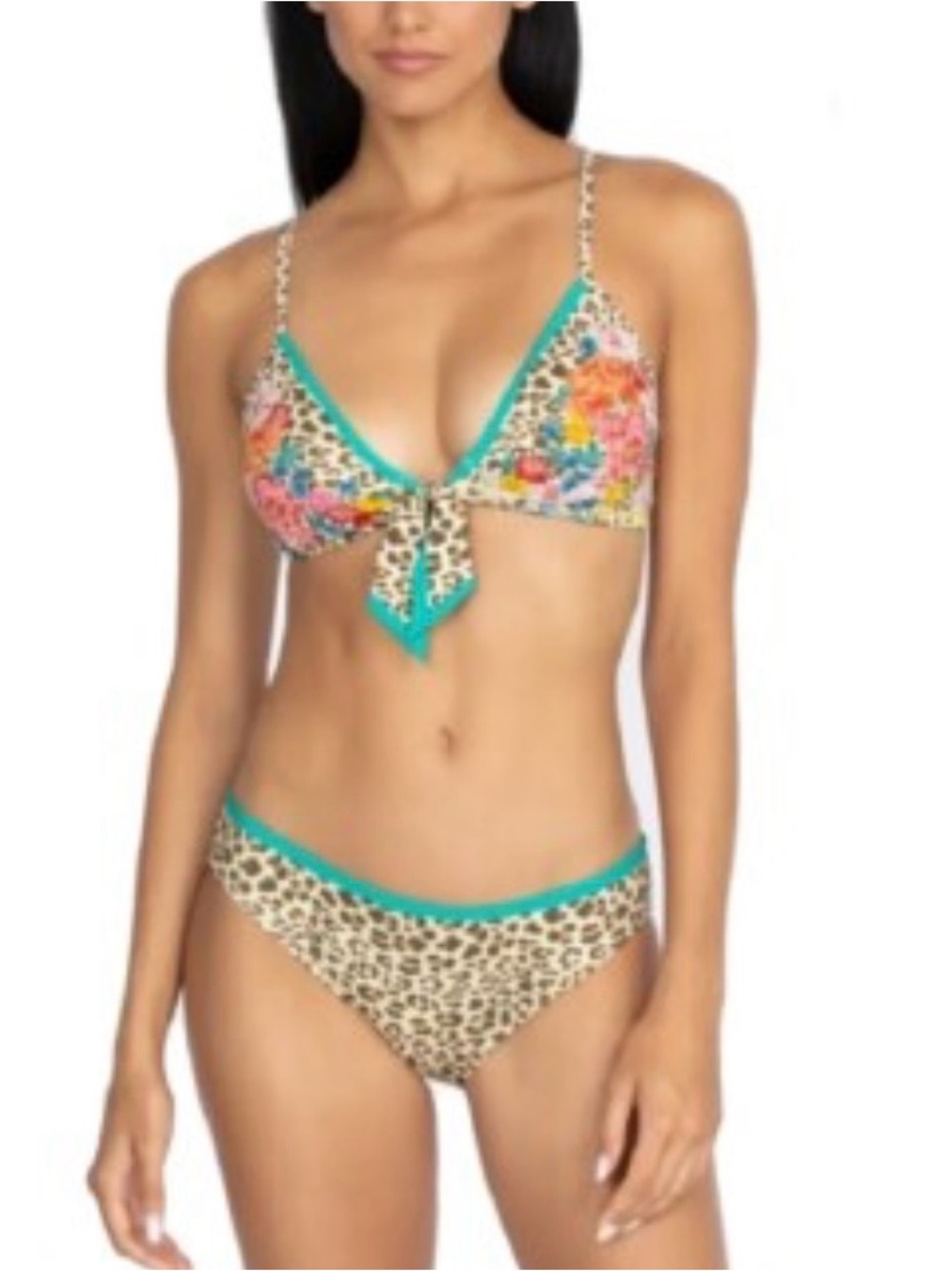 Johnny Was Floral & Leopard Bikini with Turquoise Trim